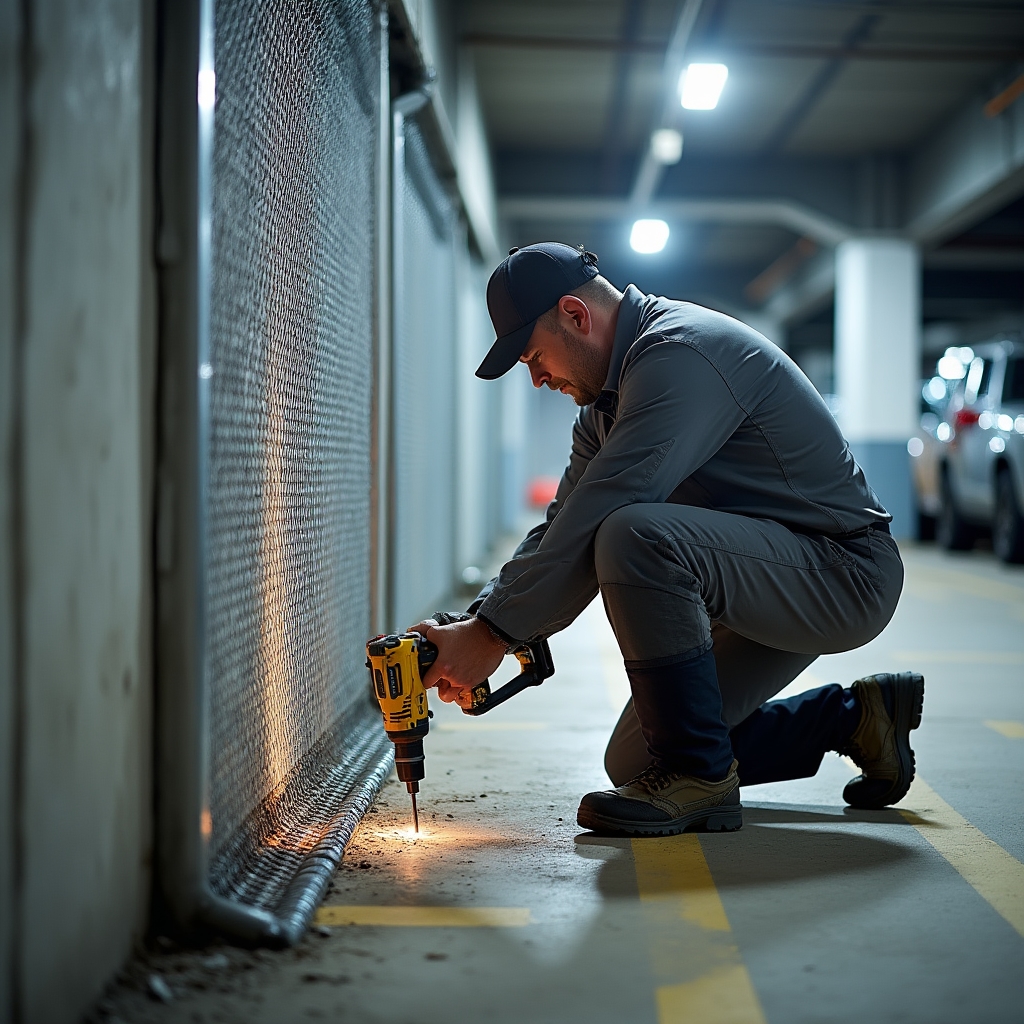 Pest control professional installing rodent barrier at building basement level entry point