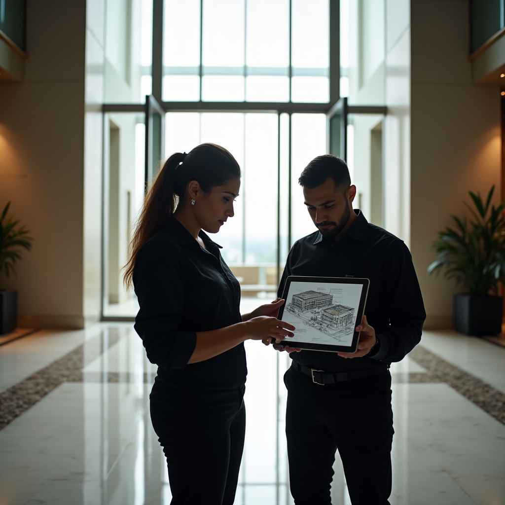 Pest control team conducting building inspection in high-rise residential lobby