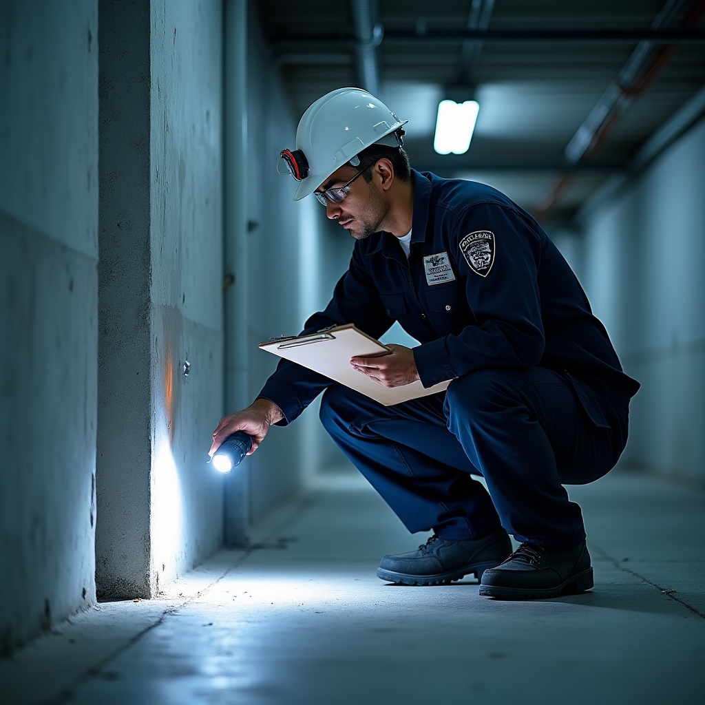 Technician inspecting building entry points for pest access