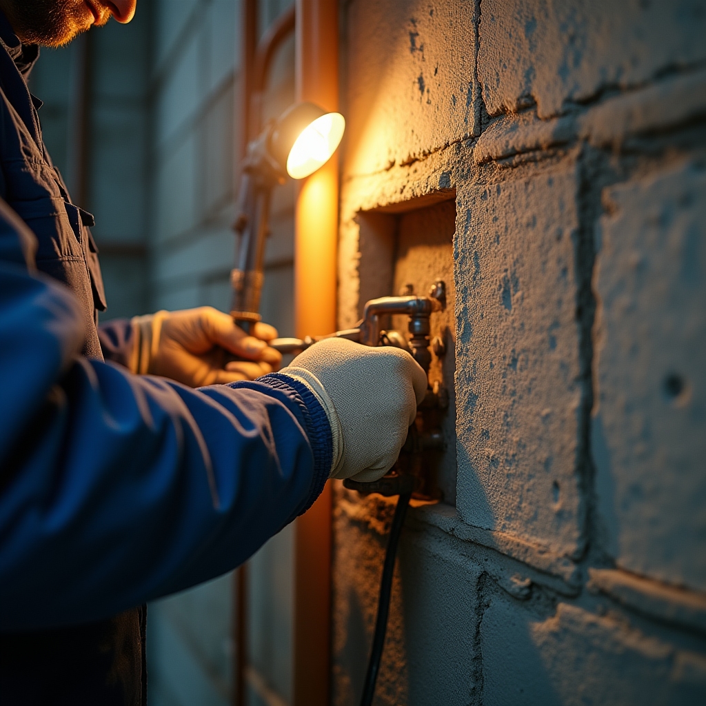 Close-up of pipe penetration being sealed with pest-resistant material in building basement