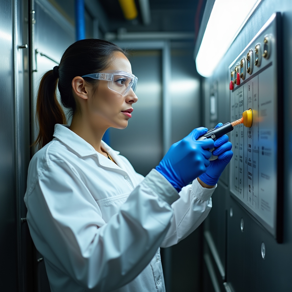 Professional applying targeted pest treatment in building common area