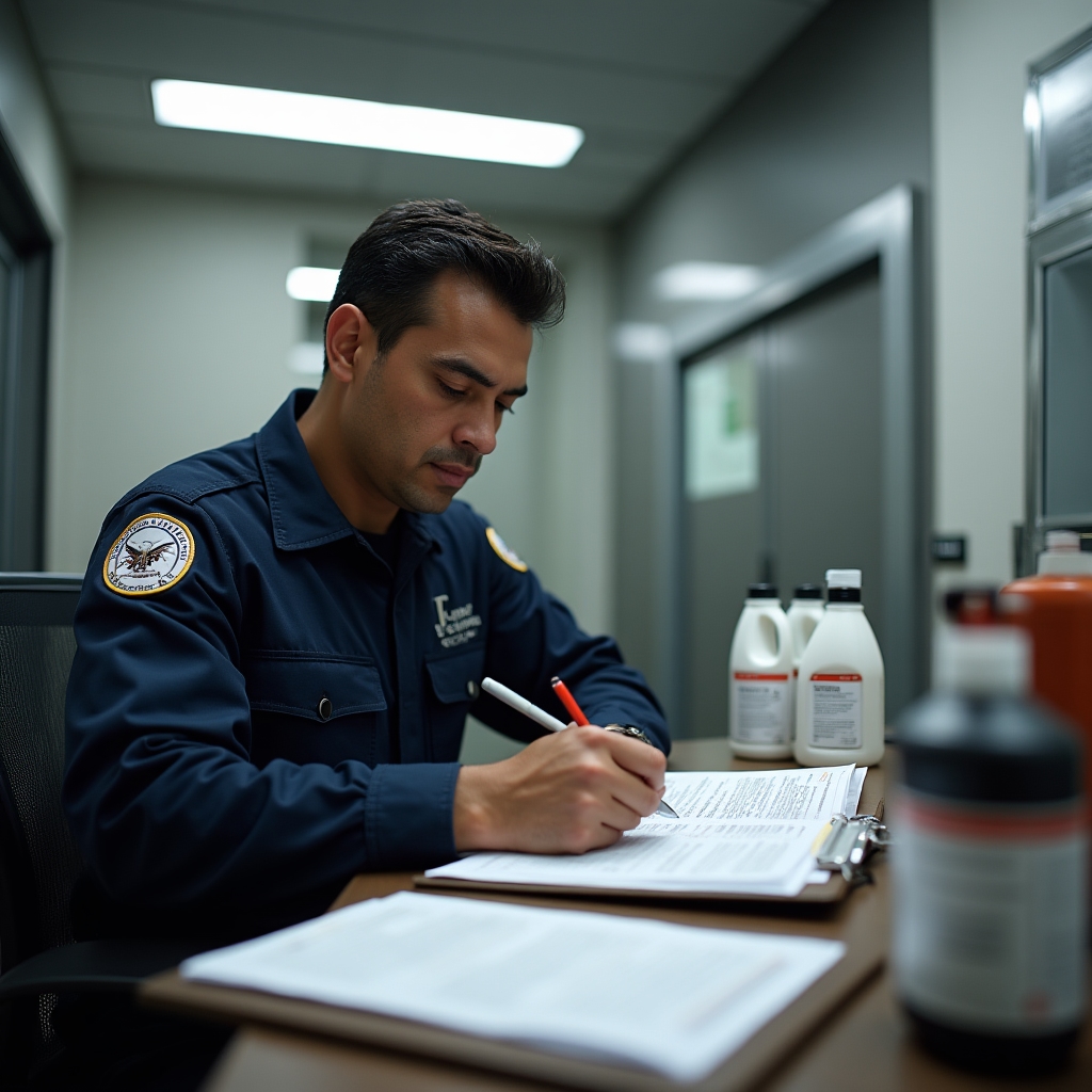 Pest control technician completing technical documentation form after building treatment