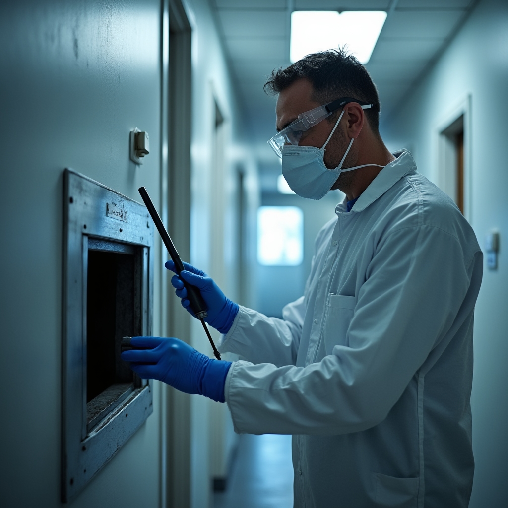 Technician treating and sealing building waste chute to prevent cockroach and rodent access
